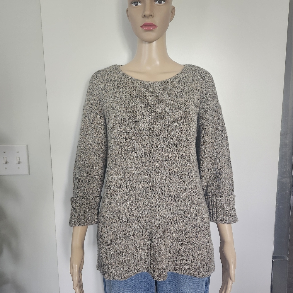 J.JILL Marled Tan Black Boatneck Pullover Drop Shoulder Knit Sweater Small Cozy